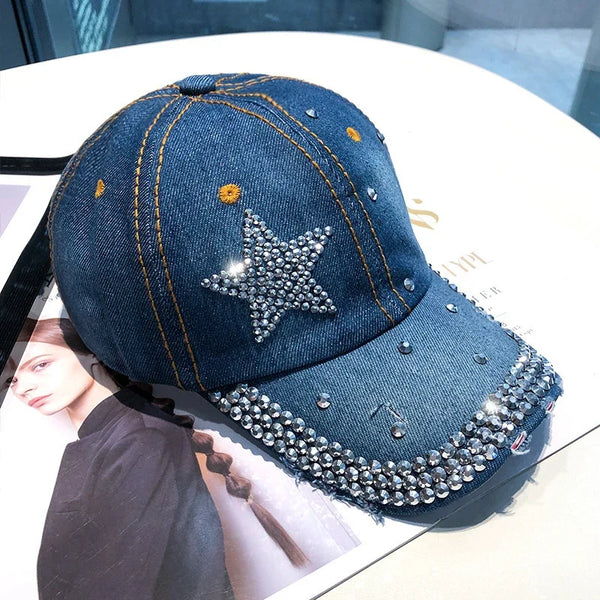 Rhinestone Star Graphic Denim Baseball Cap — vista frontale