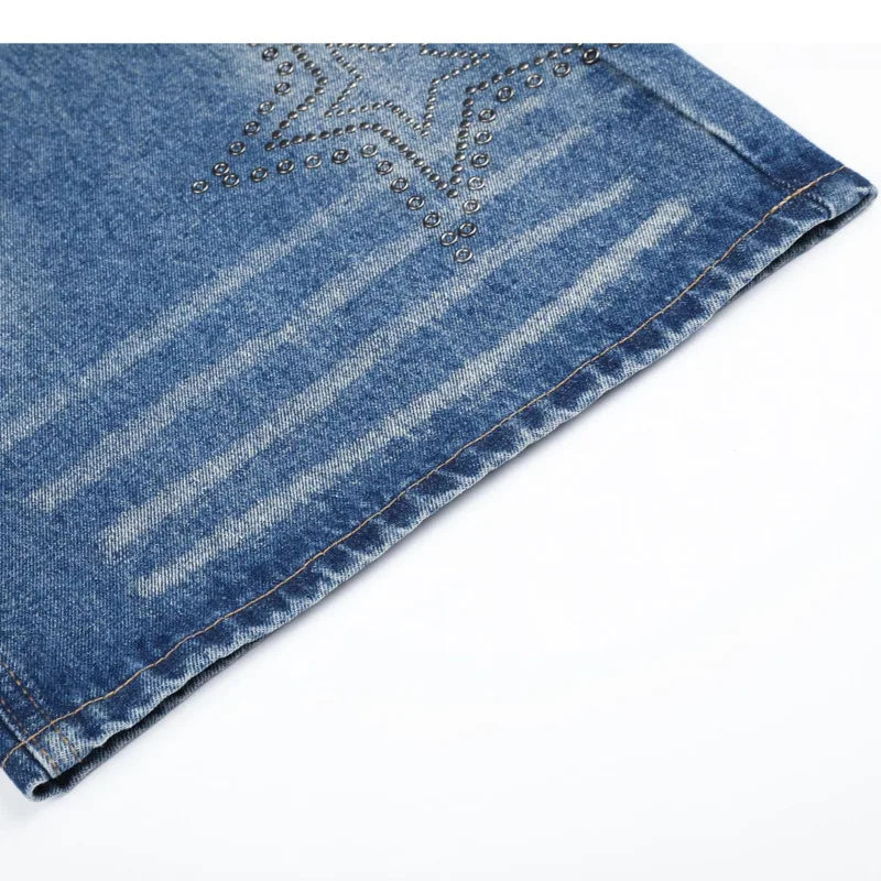 Rhinestone Stars Distressed Wide Leg Denim Jeans — vista laterale