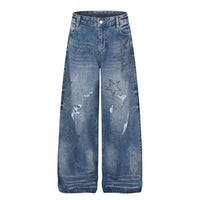 Rhinestone Stars Distressed Wide Leg Denim Jeans — vista frontale