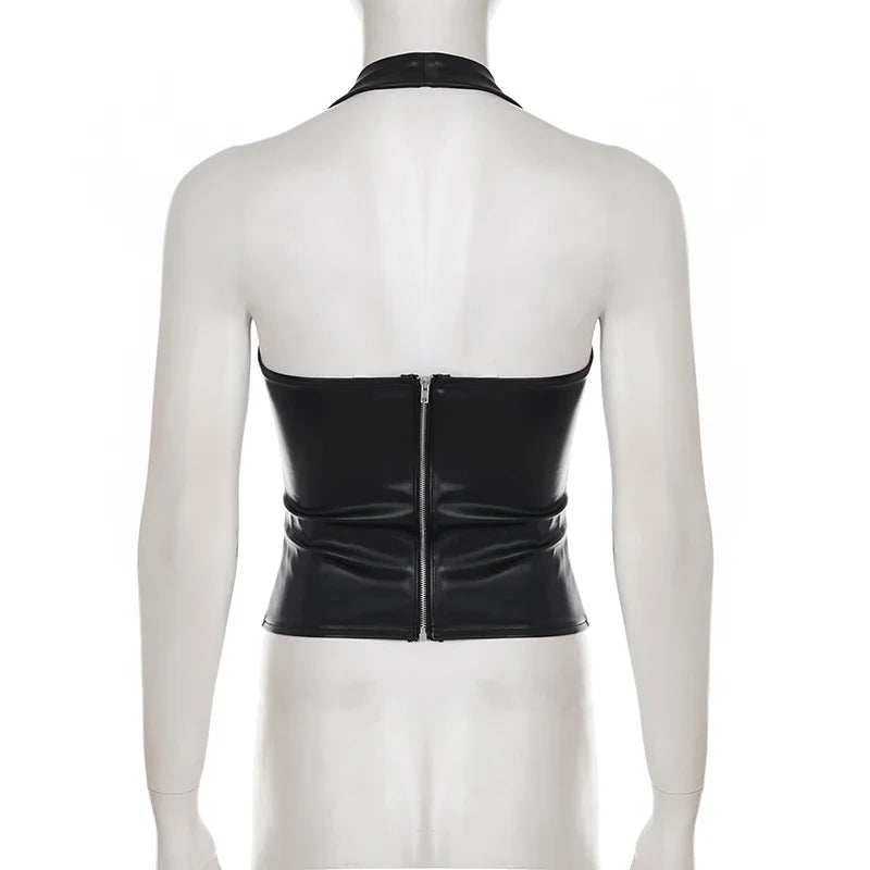 Rivet Faux Leather Low Cut Halter Top — vista laterale