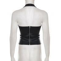 Rivet Faux Leather Low Cut Halter Top — vista laterale