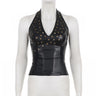 Y2K Rivet Faux Leather Low Cut Halter Top