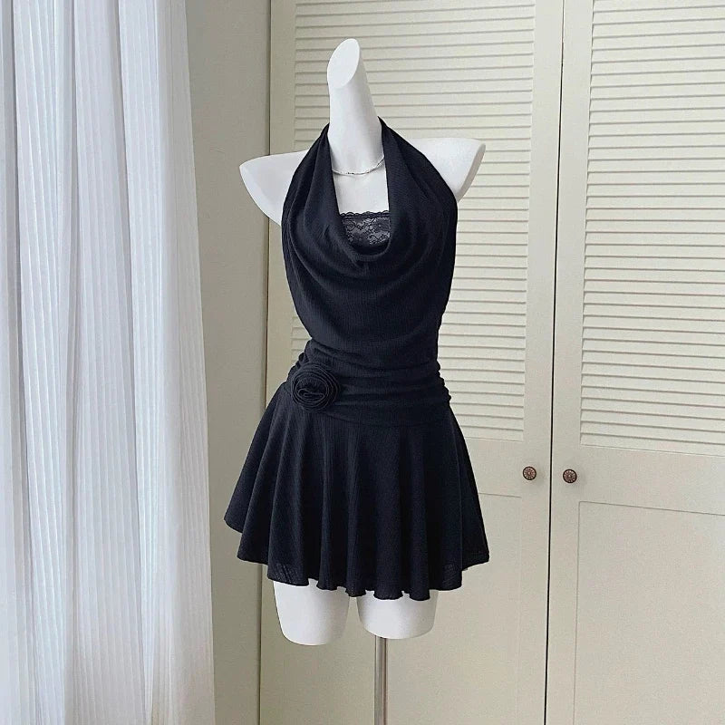 Sexy French Fake Two Piece Black Lace Mini Dress — vista posteriore