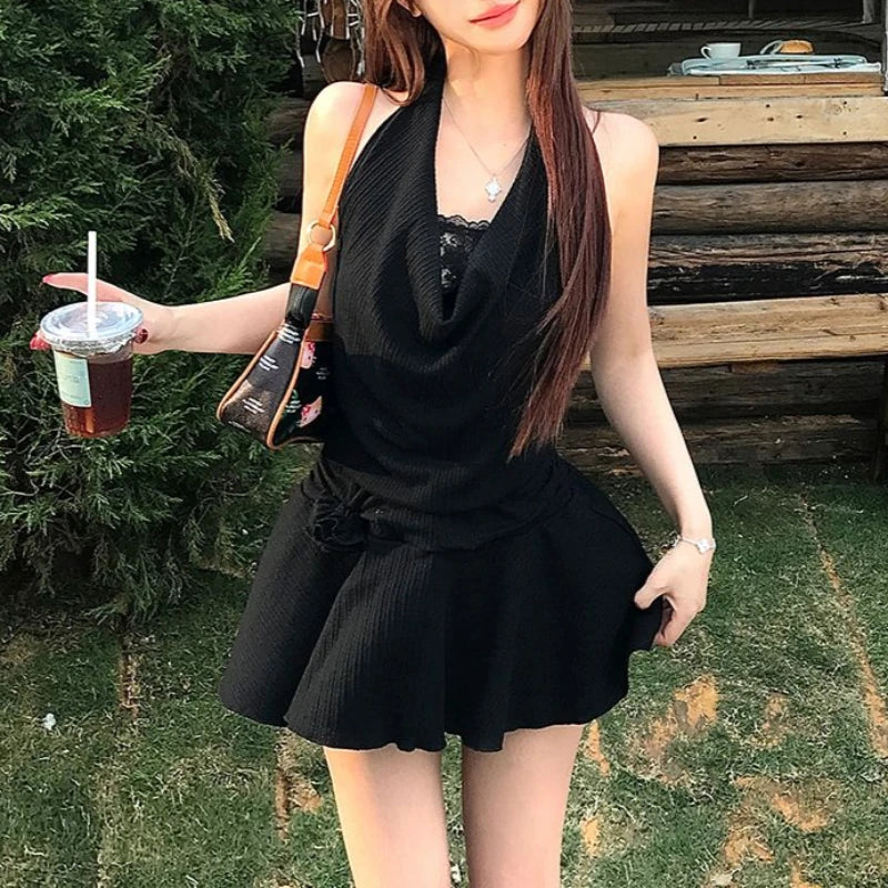 Sexy French Fake Two Piece Black Lace Mini Dress — vista frontale