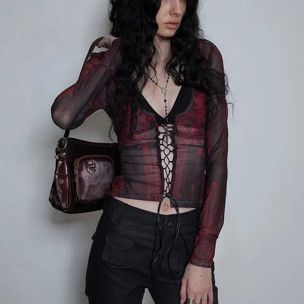Y2K Sheer Long Sleeve Womens Top