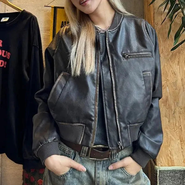 Short Motorcycle Leather Jacket — vista frontale