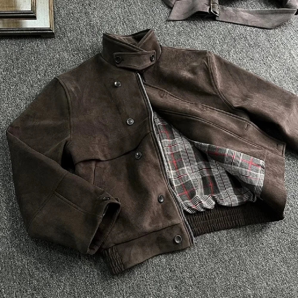 Short Soft Brown Faux Suede Leather Jacket — vista frontale
