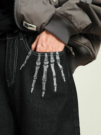 Skeleton Embroidered Black Baggy Jeans — dettaglio