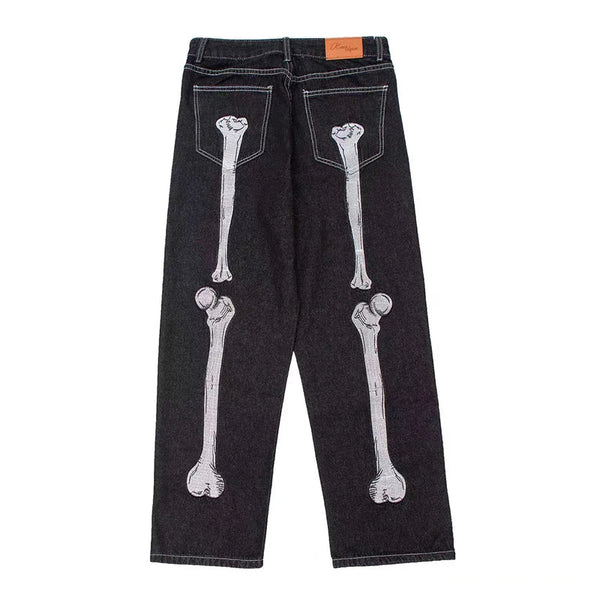 Skeleton Embroidered Black Baggy Jeans — vista frontale