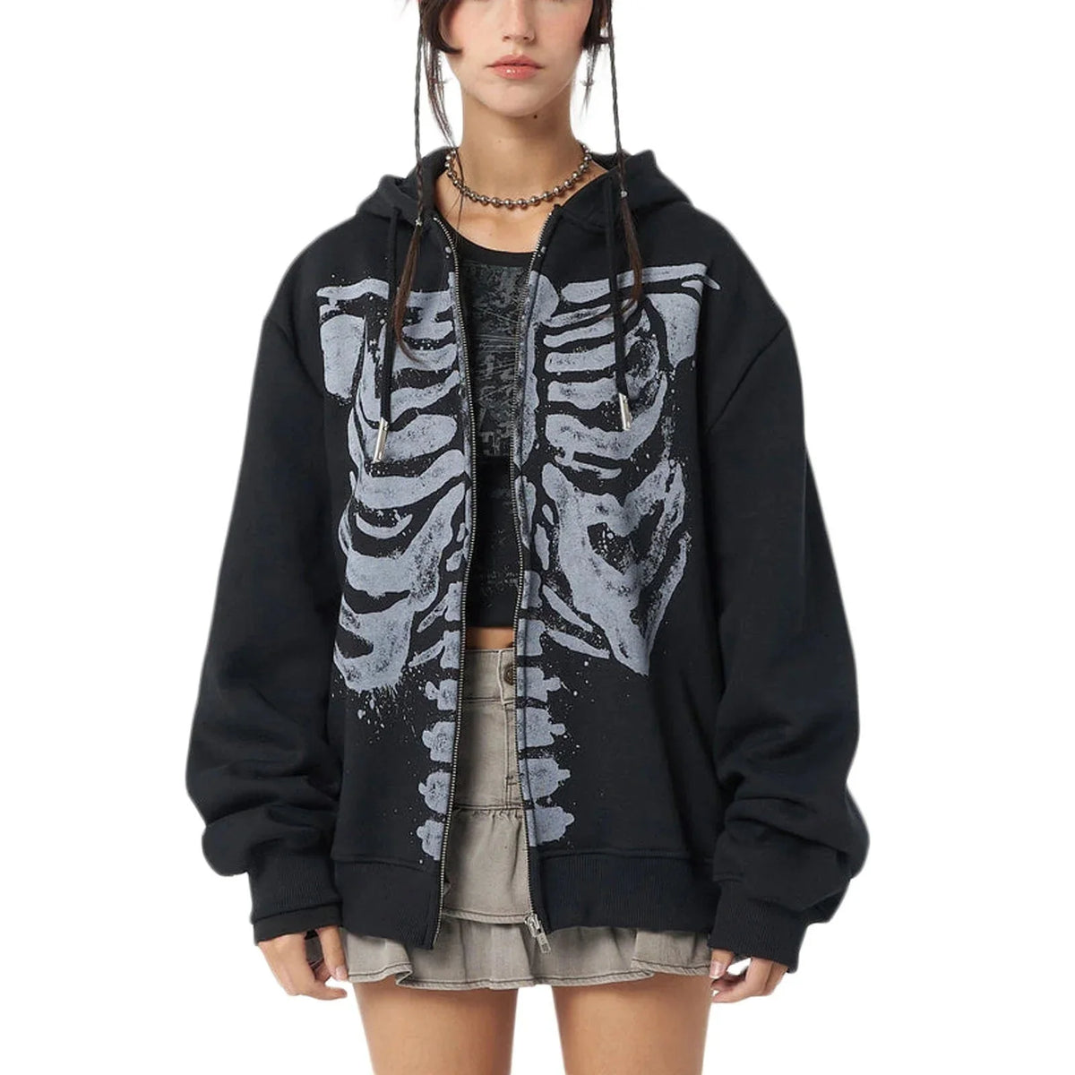 Skeleton Print Zip Up Hoodie — vista frontale