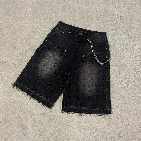 Skull Print Denim Carpenter Jorts — vista frontale