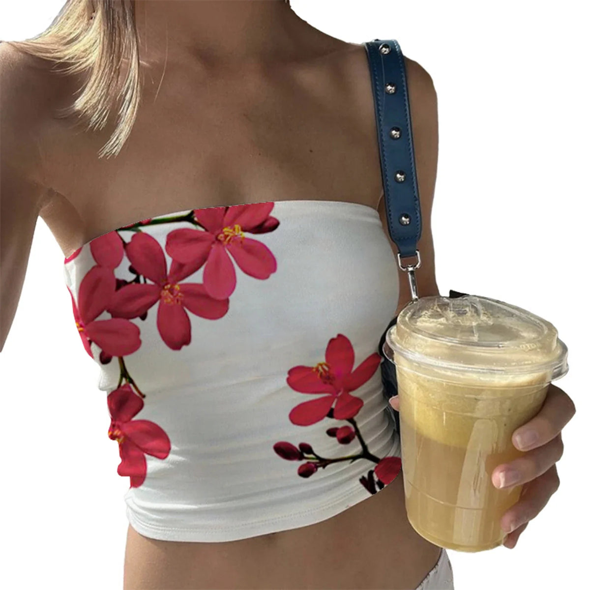 Slim Fit Floral Graphic Bandeau Tube Top — vista frontale