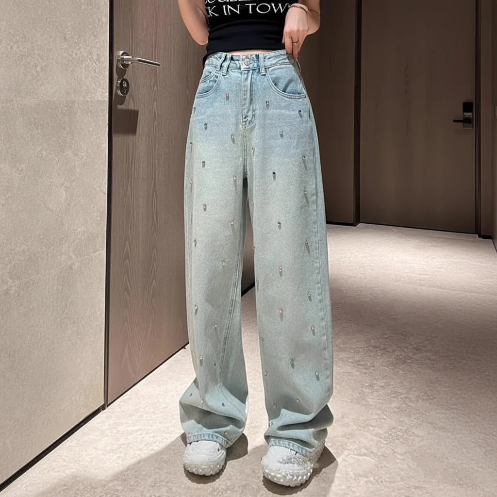 Slim High Waist Straight Leg Multi Rhinestone Jeans — vista posteriore