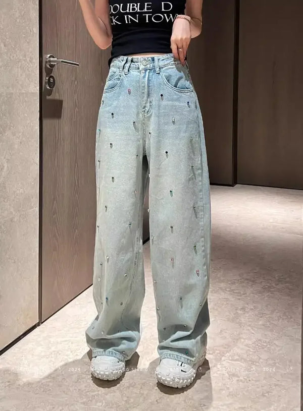Slim High Waist Straight Leg Multi Rhinestone Jeans — vista frontale
