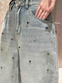 Slim High Waist Straight Leg Multi Rhinestone Jeans — dettaglio