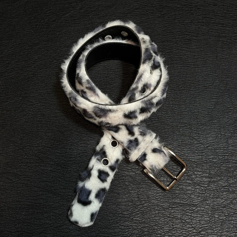 Snow Leopard Print Faux Fur and Leather Belt — vista frontale
