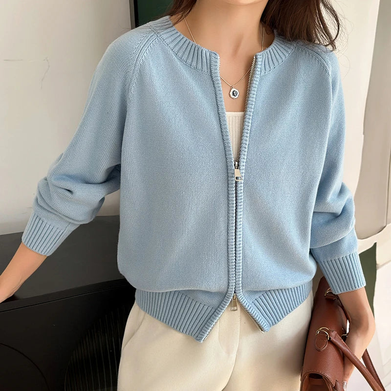 Solid Crew Neck Double Zip Cardigan — vista frontale