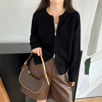 Solid Crew Neck Double Zip Cardigan — vista laterale