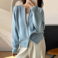 Solid Crew Neck Double Zip Cardigan — vista posteriore