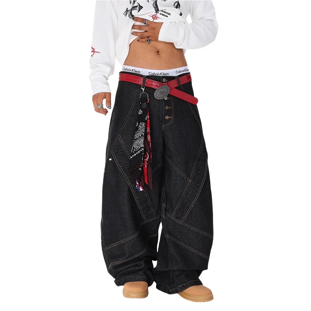 Spliced Patchwork Wide Leg Baggy Jeans — dettaglio