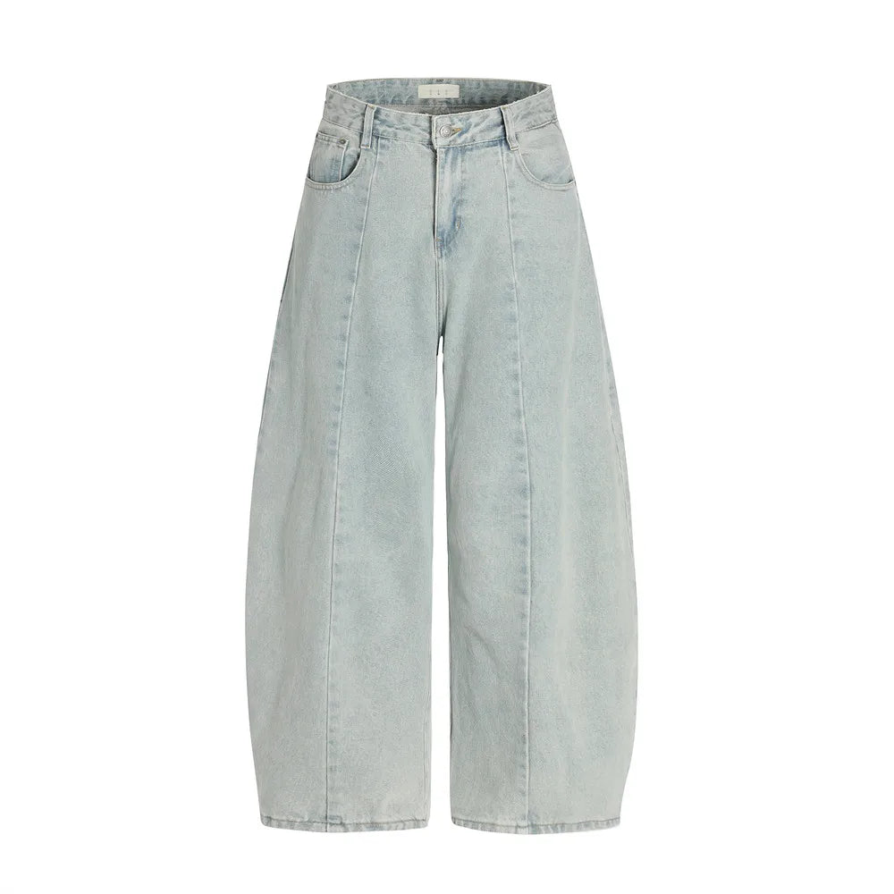 Spliced Washed Baggy Denim Curved Barrel Jeans — vista frontale
