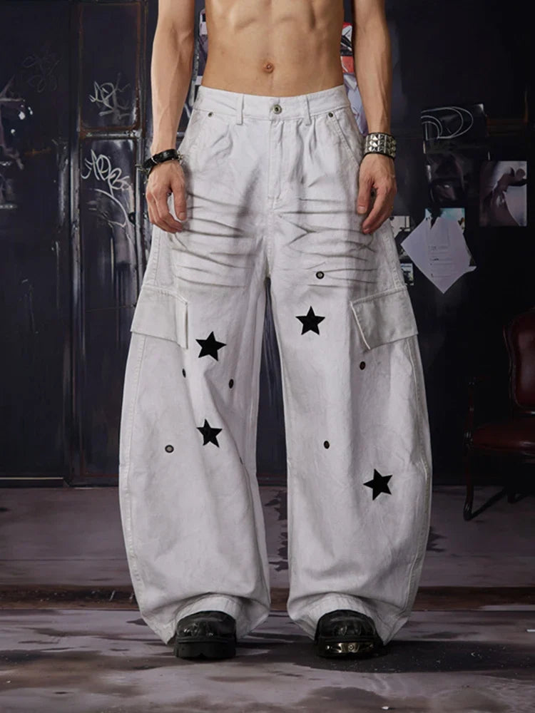 Star Graphic Print Distressed Cargo Denim Jeans — vista frontale