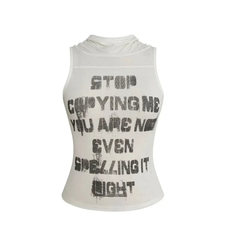 Stop Copying Me Sheer Mesh Hooded Tank Top — dettaglio della stampa