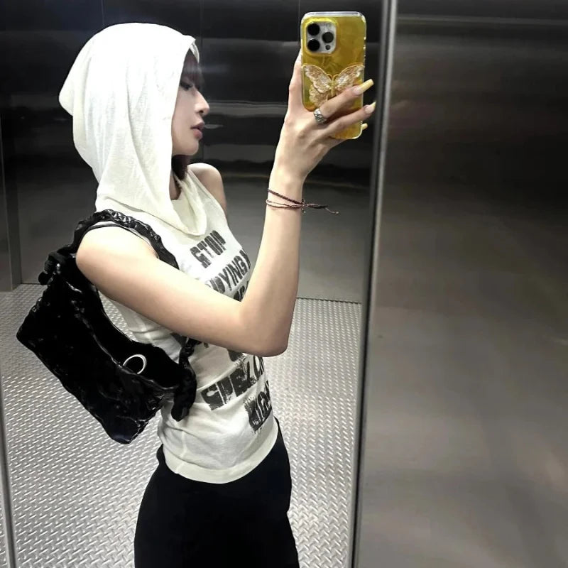 Stop Copying Me Sheer Mesh Hooded Tank Top — vista posteriore