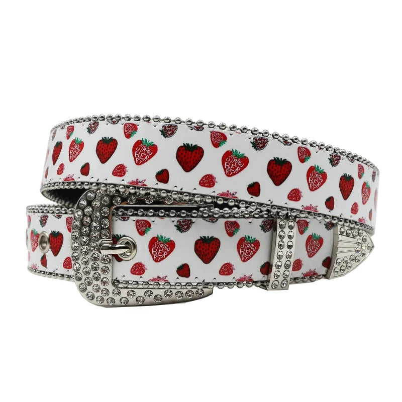 Strawberry Graphic Faux Water Diamond Rhinestone Belt — vista posteriore