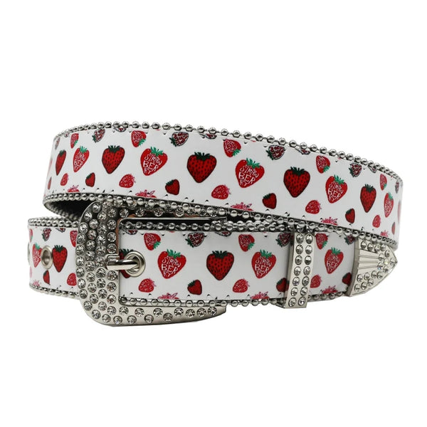 Y2K Strawberry Graphic Faux Water Diamond Rhinestone Belt
