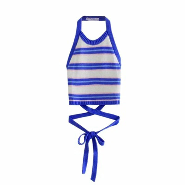 Striped Tie Up Backless Halter Top — vista frontale