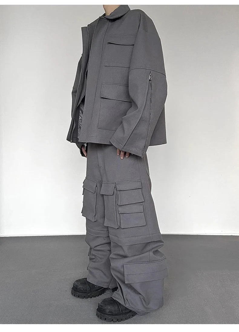 Super Wide Leg Khaki Zip Off Cargo Trousers — vista posteriore