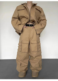 Super Wide Leg Khaki Zip Off Cargo Trousers — dettaglio