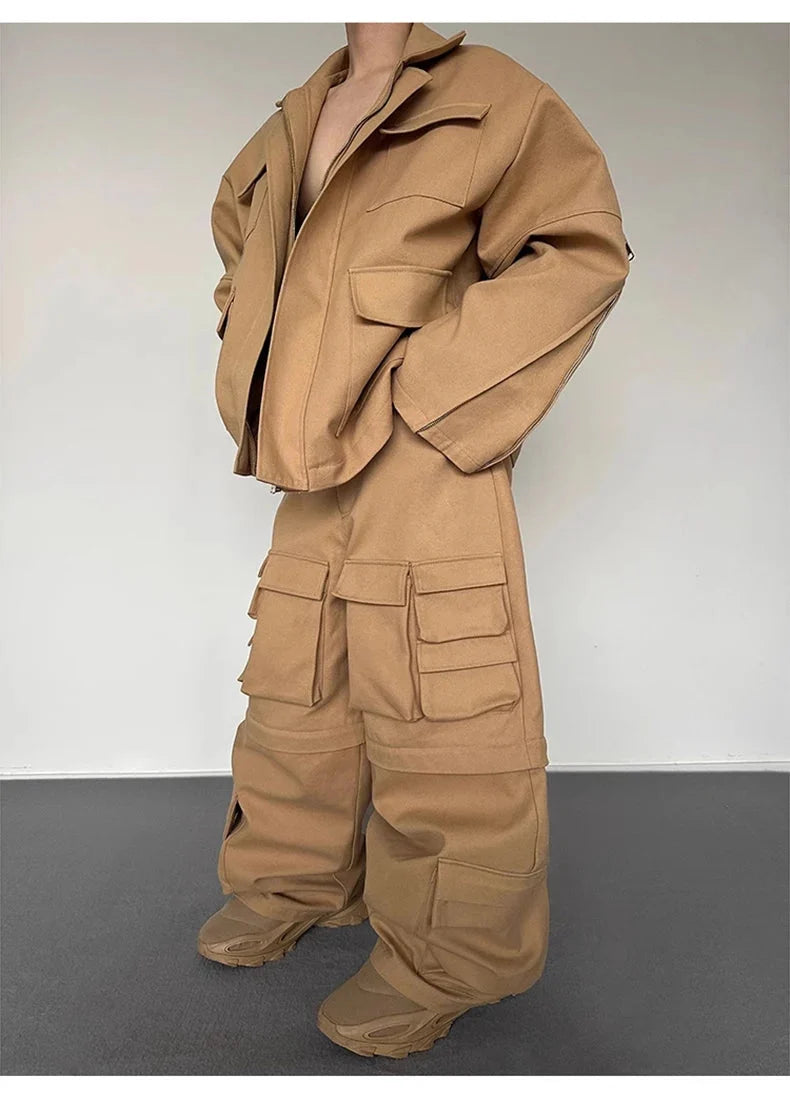 Super Wide Leg Khaki Zip Off Cargo Trousers — vista completa