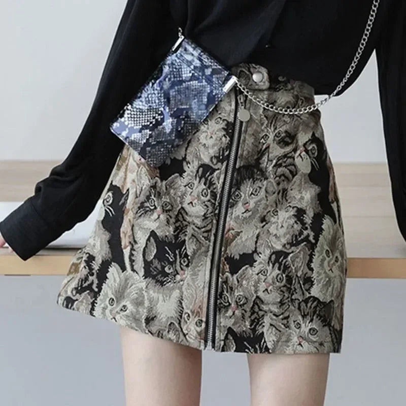 Sweet Cat Print A Line High Waist Mini Skirt — dettaglio della stampa