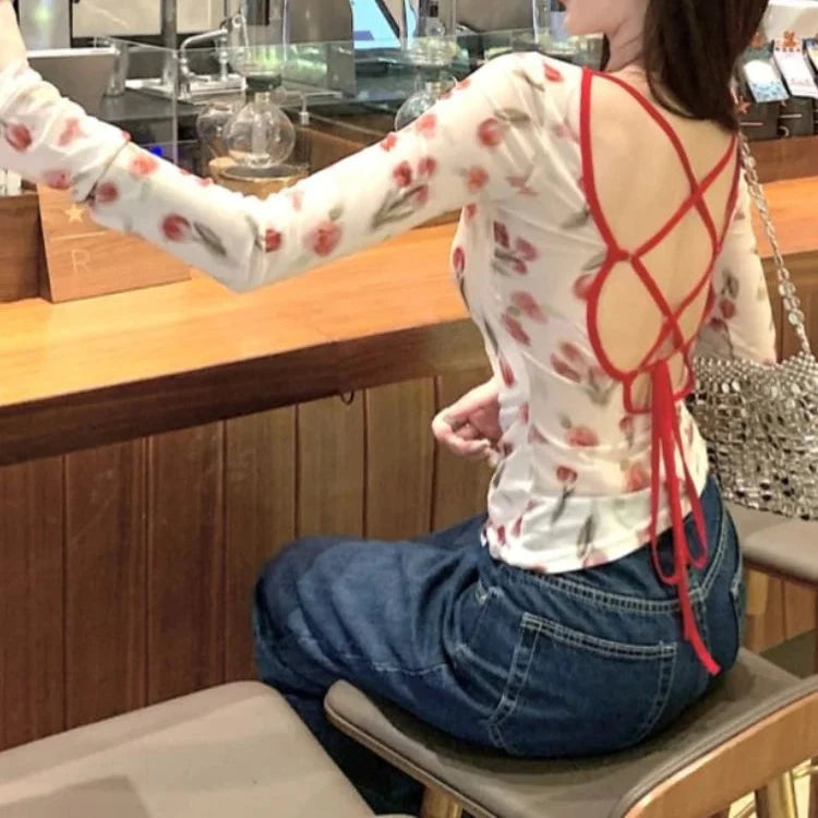 Thin Mesh Backless Long Sleeve Top — dettaglio