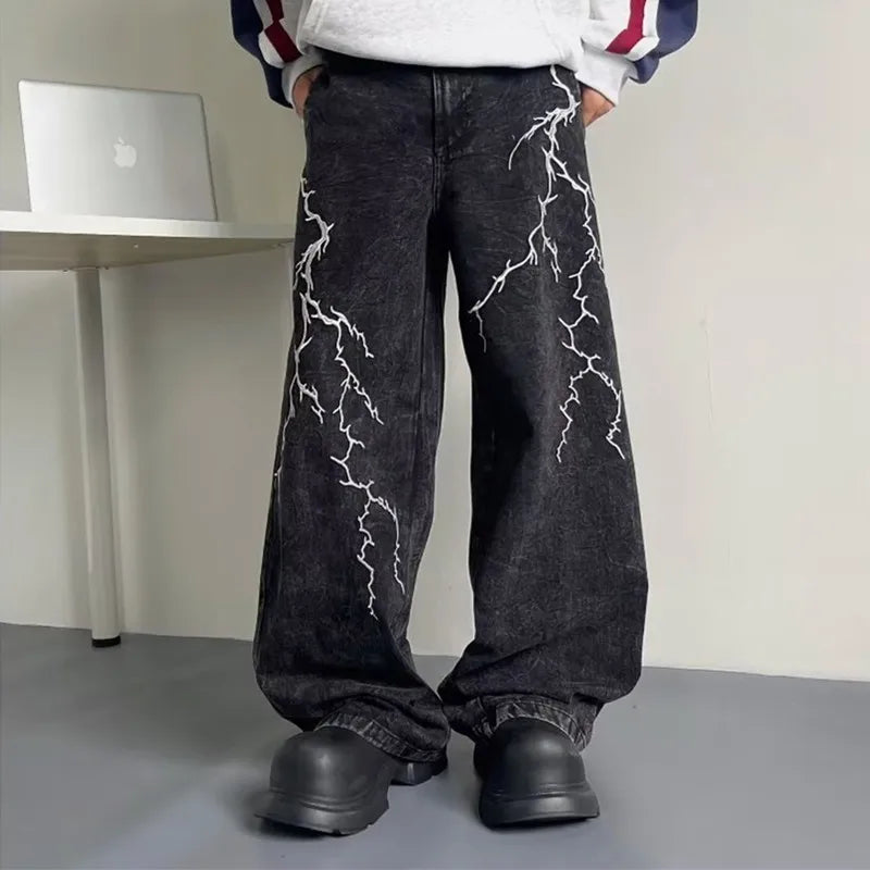 Thunder and Lightning Black Baggy Jeans — vista frontale