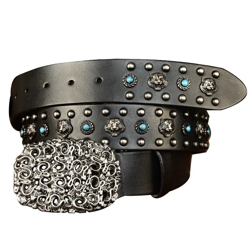 Tiger Locomotive Blue Stud Genuine Leather Belt — in alternativa