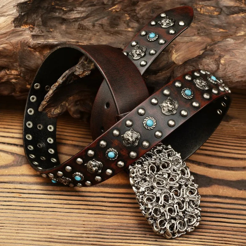 Tiger Locomotive Blue Stud Genuine Leather Belt — vista posteriore