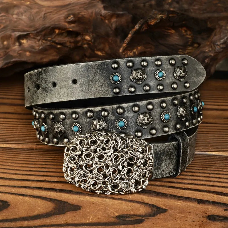 Tiger Locomotive Blue Stud Genuine Leather Belt — dettaglio