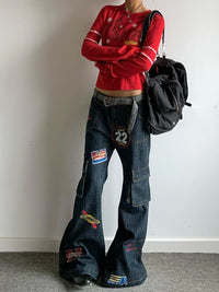 Tour Team Stamps Distressed Denim Cargo Flared Jeans — dettaglio