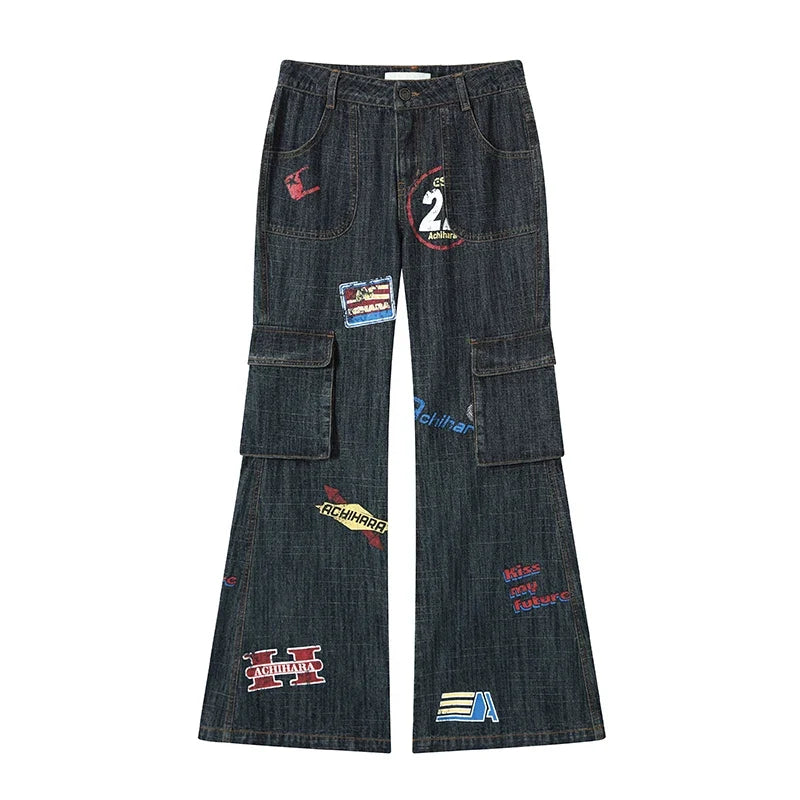 Tour Team Stamps Distressed Denim Cargo Flared Jeans — vista frontale