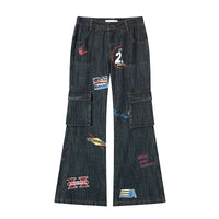 Tour Team Stamps Distressed Denim Cargo Flared Jeans — vista frontale