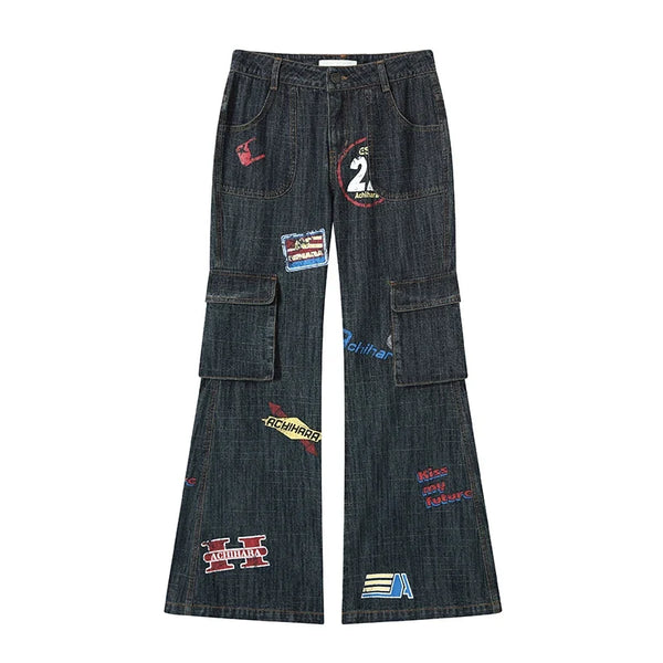 Tour Team Stamps Distressed Denim Cargo Flared Jeans — vista frontale