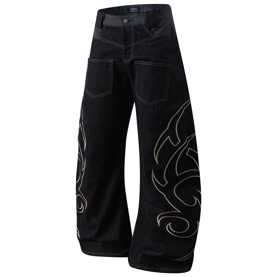 Tribal Embroidered Baggy Wide Leg Barrel Jeans — dettaglio