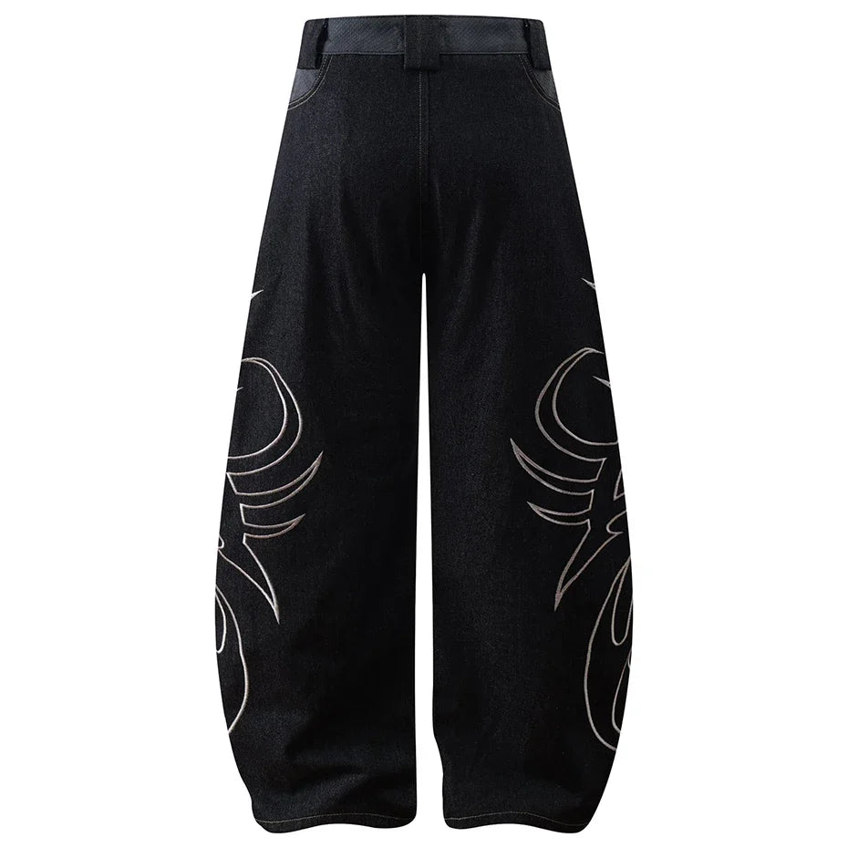 Tribal Embroidered Baggy Wide Leg Barrel Jeans — vista posteriore