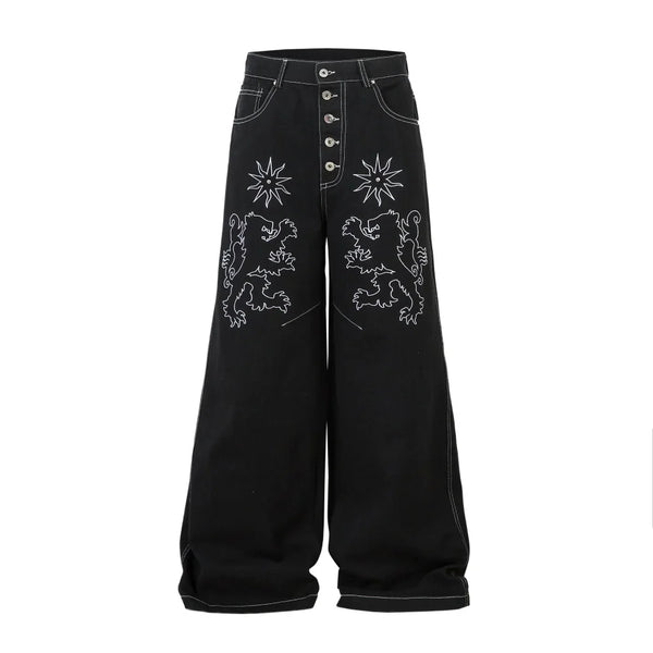 Two Lions Embroidered Graphic Denim Jeans — vista frontale