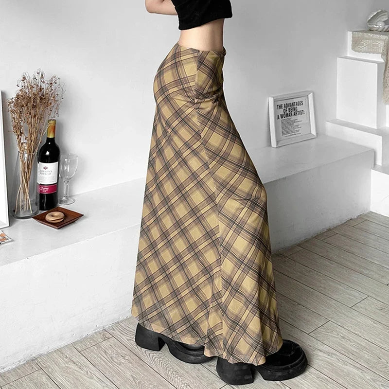 Vintage Aesthetic Plaid High Waist Maxi Skirt — in alternativa