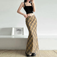 Vintage Aesthetic Plaid High Waist Maxi Skirt — vista laterale