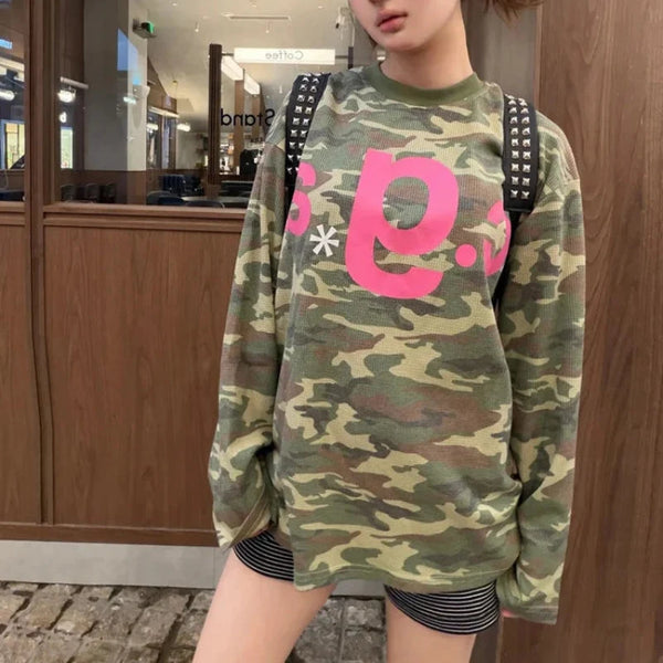 Y2K Vintage Camouflage Women Waffle Knit Long Sleeve Top